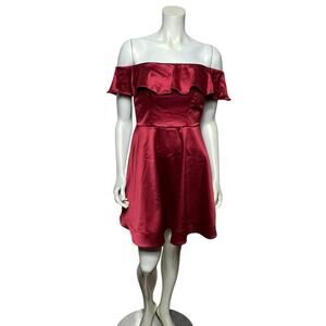 Off-Shoulder Satin Dress with Ruffle Detail in Burgundy, Size 7
